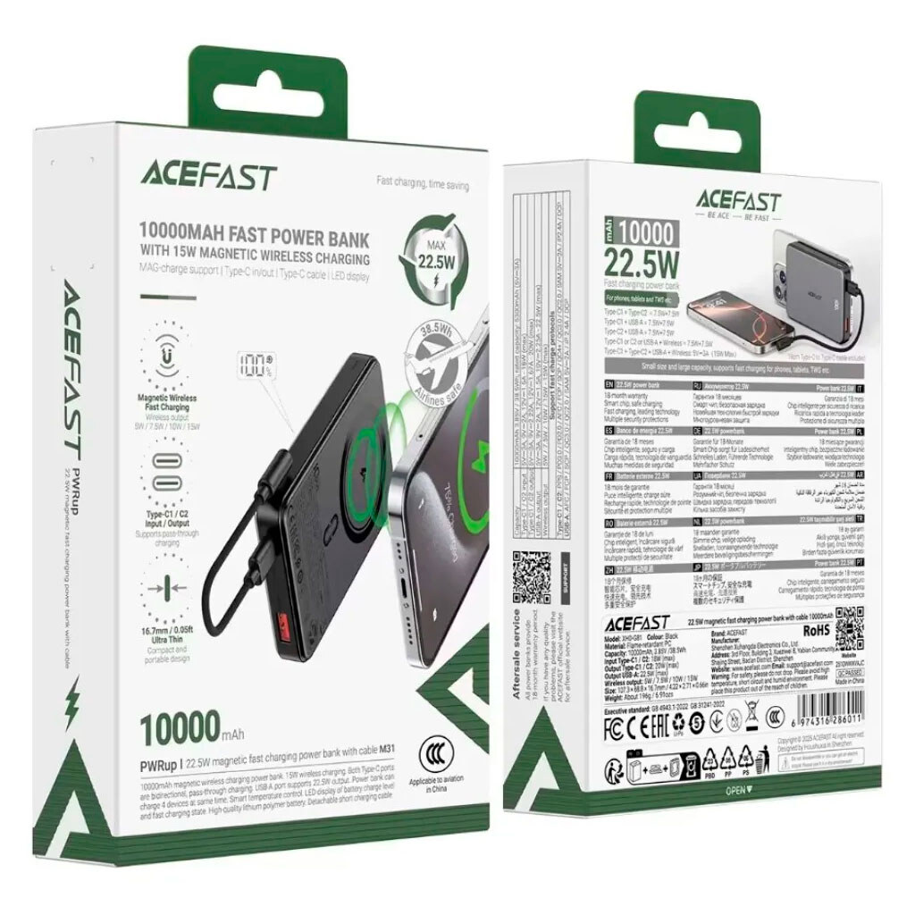 Портативная батарея (Power Bank) AceFast M31, 10000 mAh, Черный - № 2 Портативная батарея (Power Bank) AceFast M31, 10000 mAh, Черный - № 2
