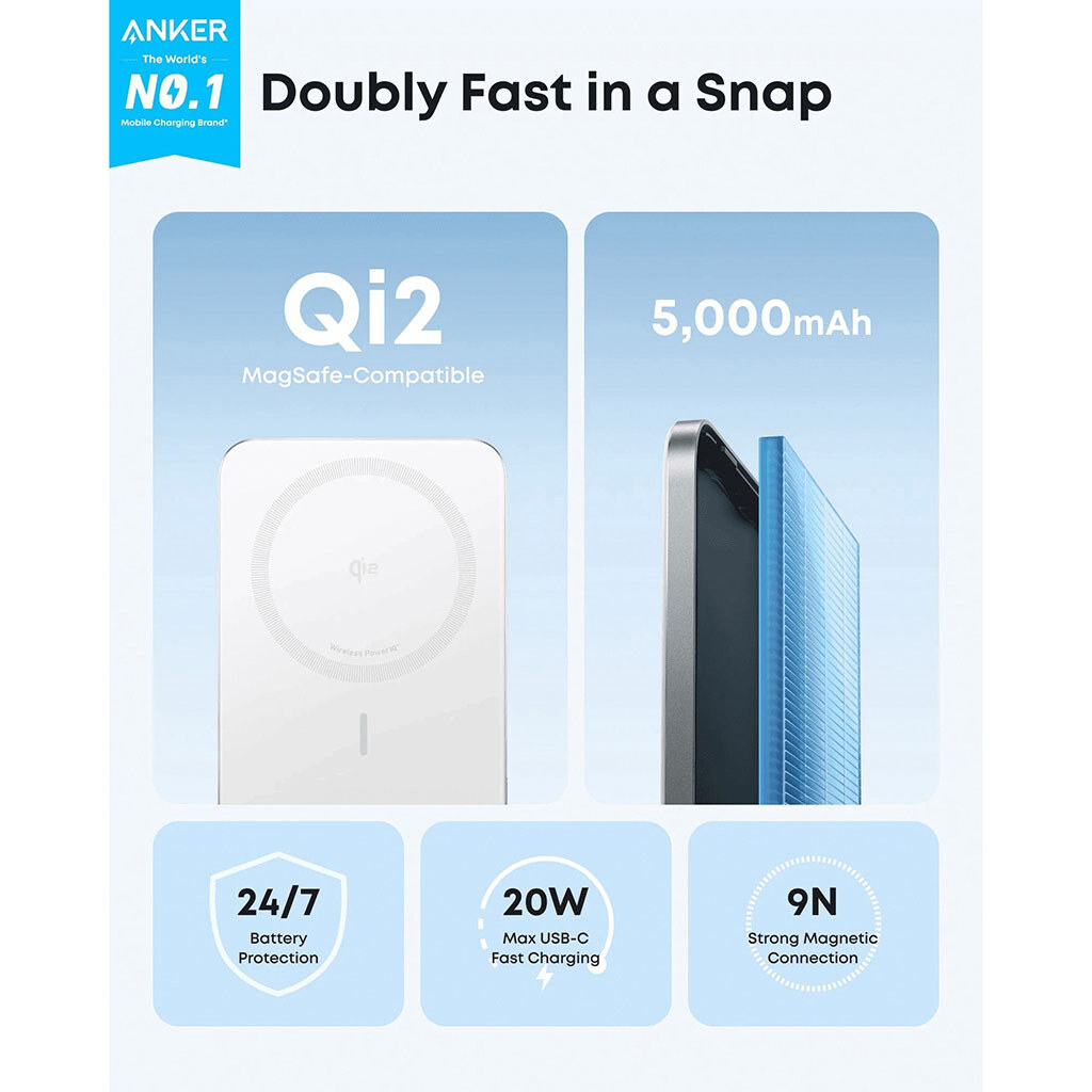 Портативна батарея (Power Bank) Anker Nano MagGo Slim, 5000 mAh, Білий - № 3 Портативна батарея (Power Bank) Anker Nano MagGo Slim, 5000 mAh, Білий - № 3