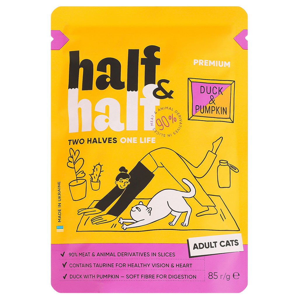 Корм для кошек Half&Half с уткой и тыквой в соусе, пауч 85 г - № 1 Корм для кошек Half&Half с уткой и тыквой в соусе, пауч 85 г - № 1