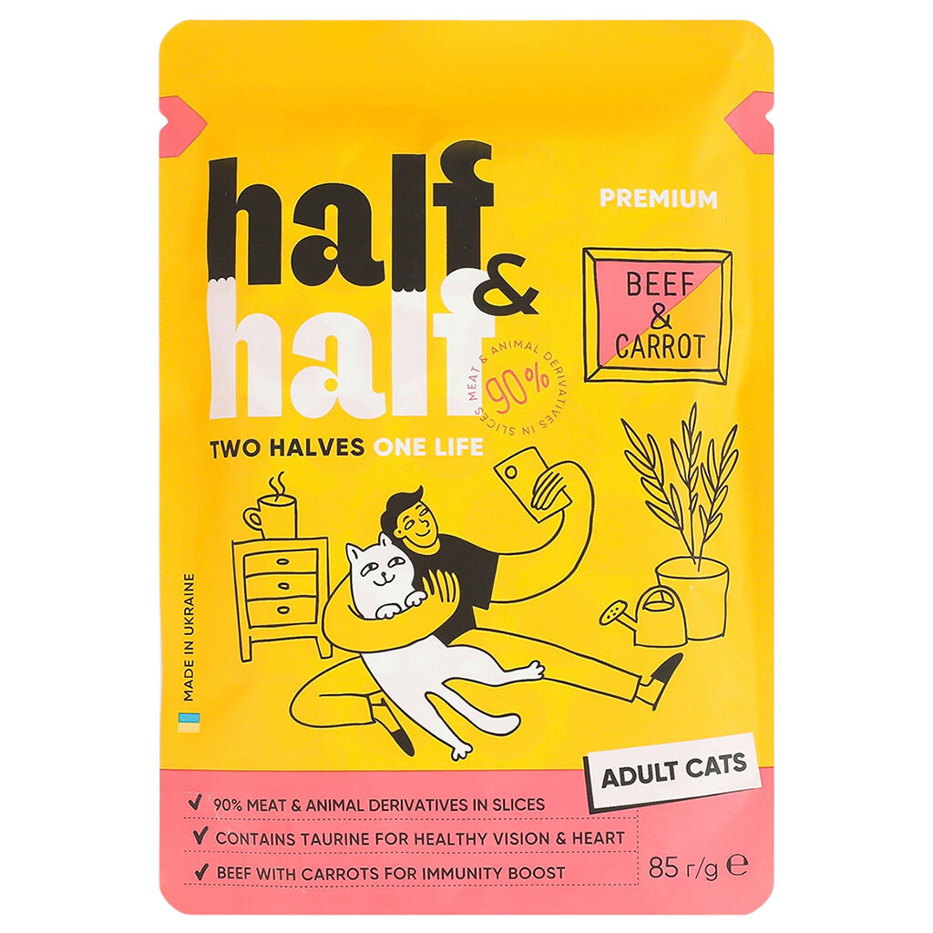 Корм для кошек Half&Half с говядиной и морковью в желе, пауч 85 г - № 1 Корм для кошек Half&Half с говядиной и морковью в желе, пауч 85 г - № 1
