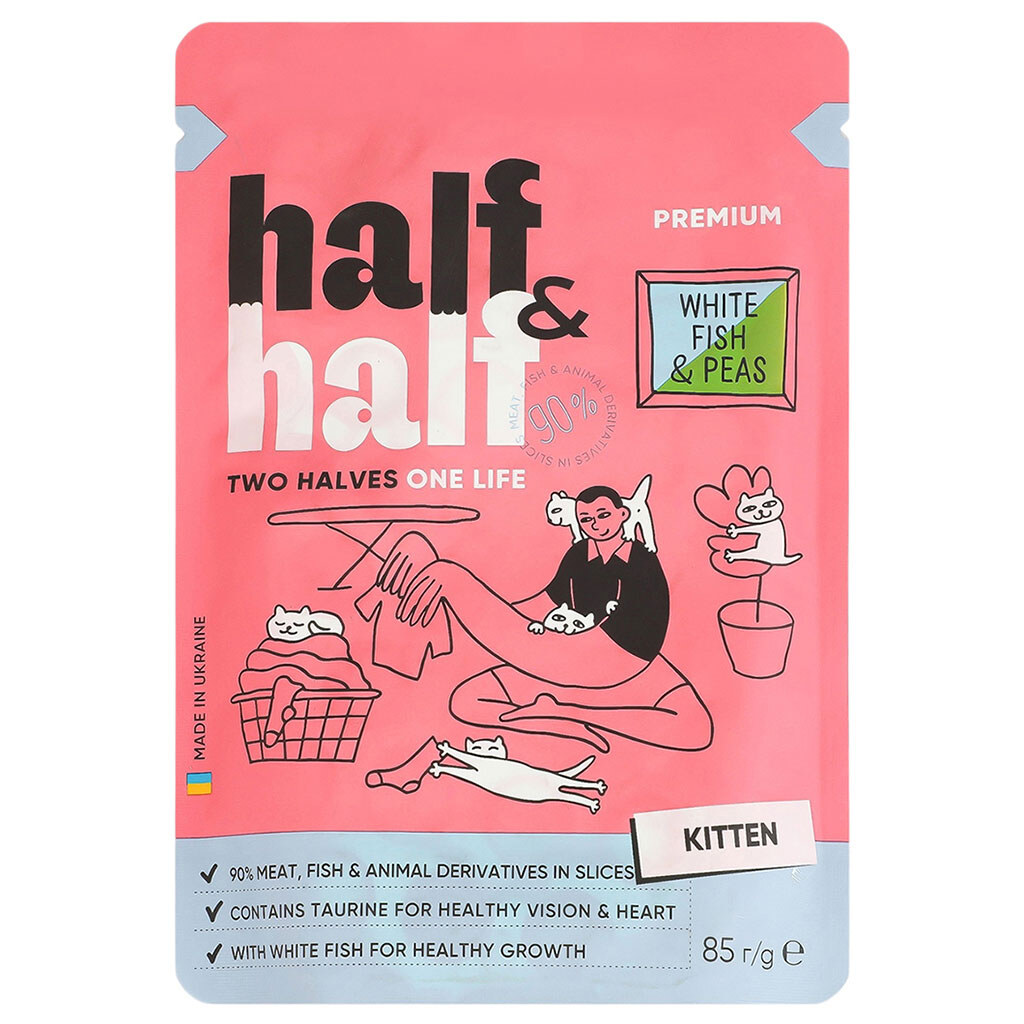 Корм для кошенят Half&Half з білою рибою та горохом в желе, пауч 85 г - № 1 Корм для кошенят Half&Half з білою рибою та горохом в желе, пауч 85 г - № 1