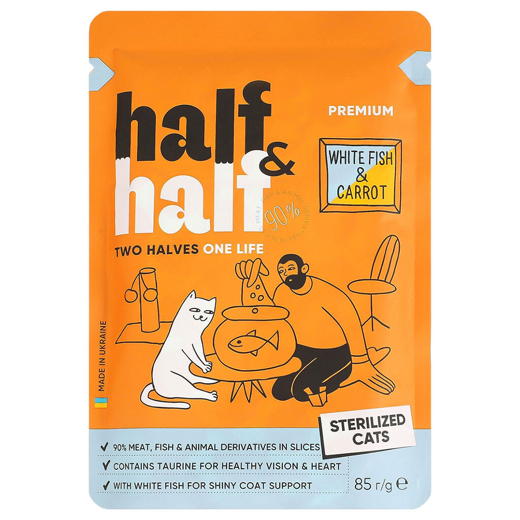 Корм для стерилізованих котів Half&Half з білою рибою та морквою в соусі, пауч 85 г - № 1 Корм для стерилізованих котів Half&Half з білою рибою та морквою в соусі, пауч 85 г - № 1