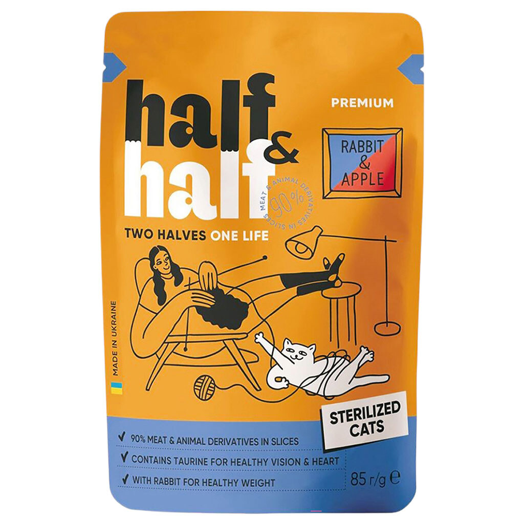 Корм для стерилизованных кошек Half&Half с кроликом и яблоками в желе, пауч 85 г - № 1 Корм для стерилизованных кошек Half&Half с кроликом и яблоками в желе, пауч 85 г - № 1