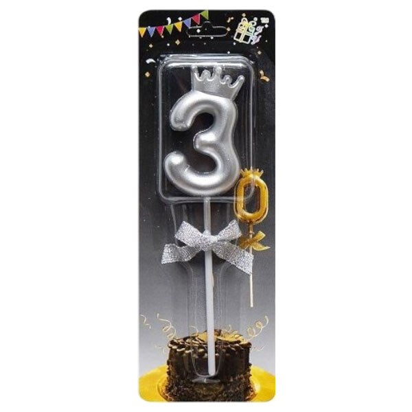 Свічка-цифра "3", з короною, мікс, Mic - № 3 Свічка-цифра "3", з короною, мікс, Mic - № 3