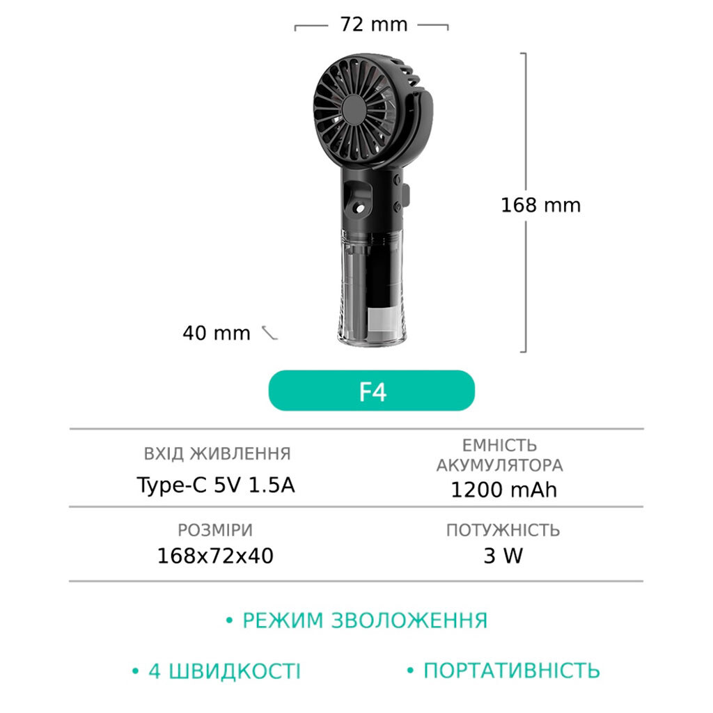 Портативный вентилятор F4, Черный - № 3 Портативный вентилятор F4, Черный - № 3