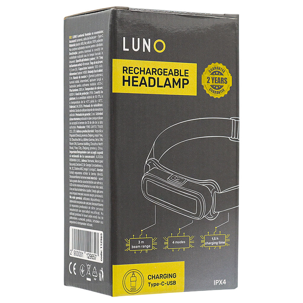 Фонарик на голову аккумуляторный пластиковый LUNO - № 9 Фонарик на голову аккумуляторный пластиковый LUNO - № 9