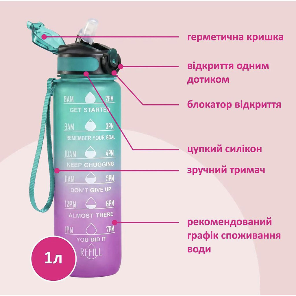 Бутылка для воды, трубочка, в пакете, 1000 мл, Mic - № 6 Бутылка для воды, трубочка, в пакете, 1000 мл, Mic - № 6