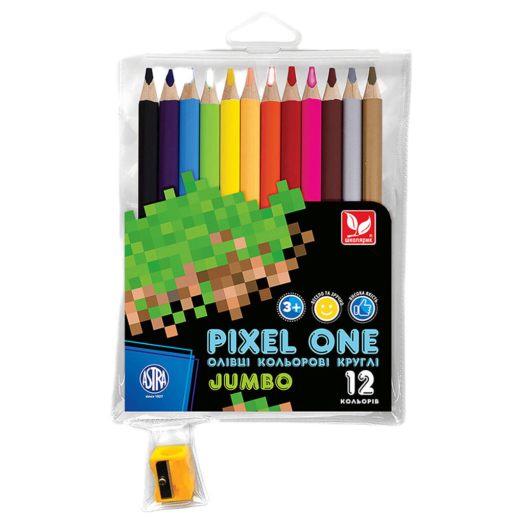 Набор цветных карандашей круглых "Pixel One", 12 шт/уп. + чинка, Школярик - № 1 Набор цветных карандашей круглых "Pixel One", 12 шт/уп. + чинка, Школярик - № 1