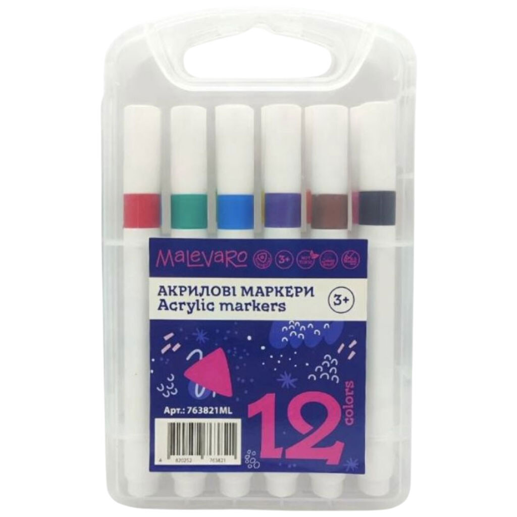 Маркери, 12 кольорів, акрилові, тригранні, Malevaro - № 1 Маркери, 12 кольорів, акрилові, тригранні, Malevaro - № 1