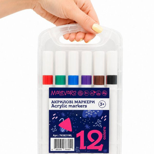 Маркери, 12 кольорів, акрилові, тригранні, Malevaro - № 3 Маркери, 12 кольорів, акрилові, тригранні, Malevaro - № 3