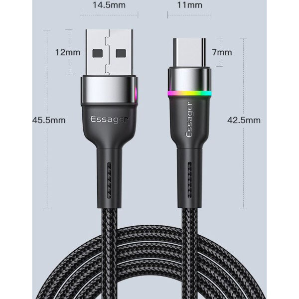 Кабель Essager Colorful LED EXCT-XCDA01, Type-C, 2.0 м., Чорний - № 3 Кабель Essager Colorful LED EXCT-XCDA01, Type-C, 2.0 м., Чорний - № 3