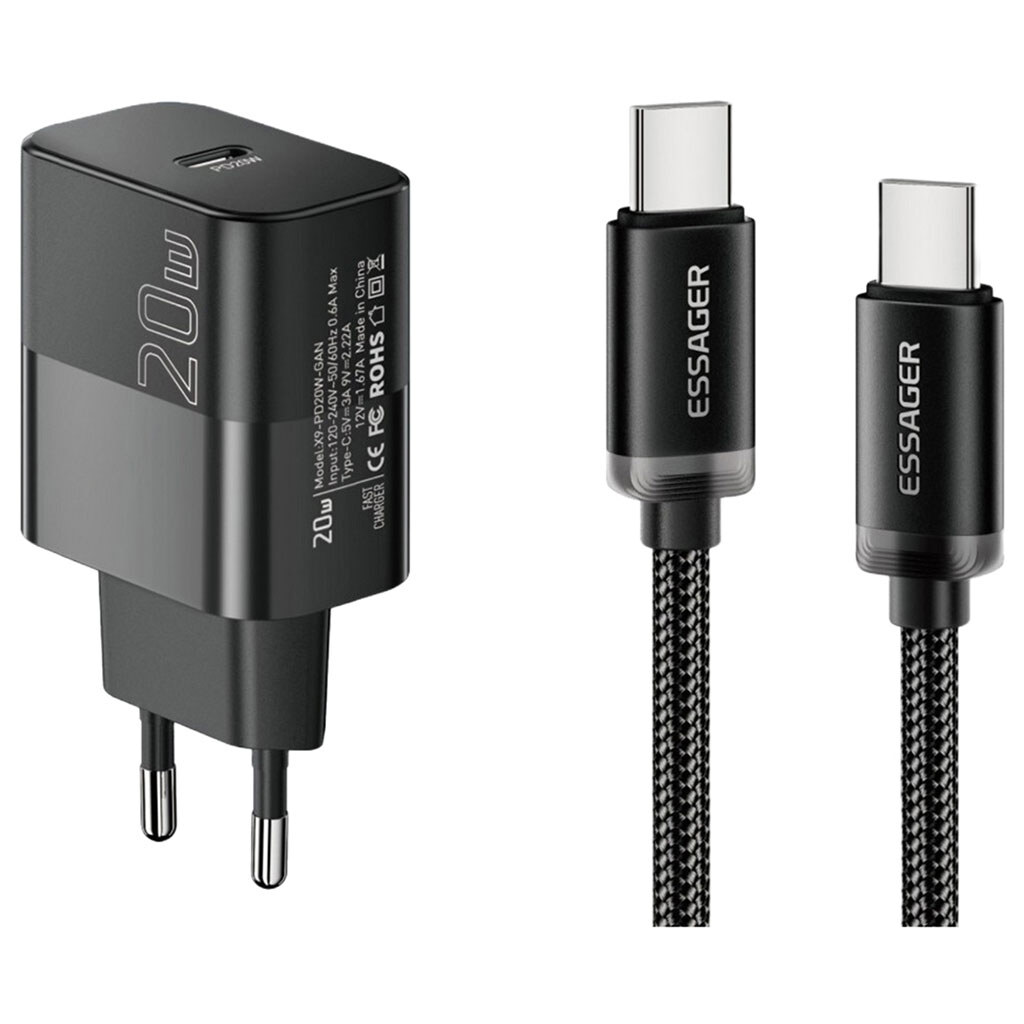 СЗУ Essager Travel Charger E20JSB1-SYTT1-T, С кабелем, Type-C, Черный - № 1 СЗУ Essager Travel Charger E20JSB1-SYTT1-T, С кабелем, Type-C, Черный - № 1
