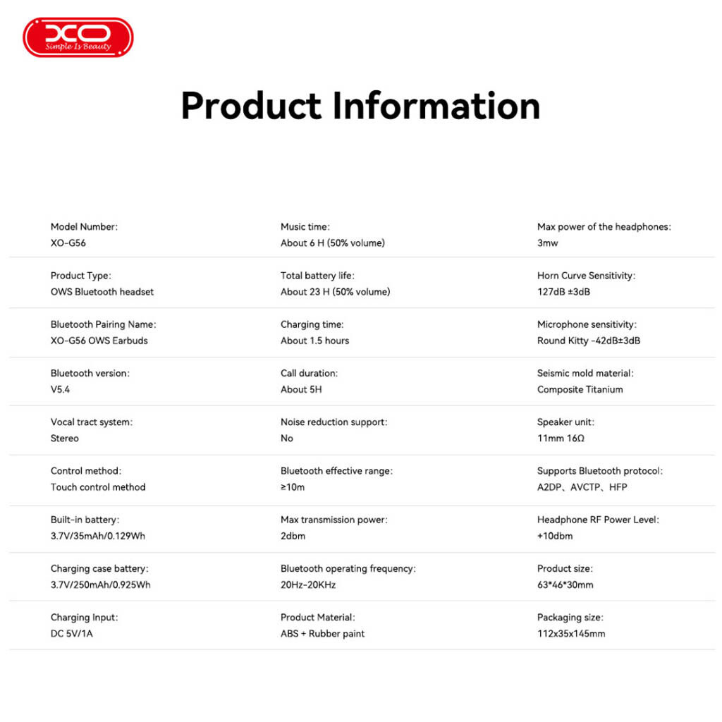 Bluetooth-гарнитура XO G56 Clip-On OWS Pods, Стерео, Черный - № 5 Bluetooth-гарнитура XO G56 Clip-On OWS Pods, Стерео, Черный - № 5