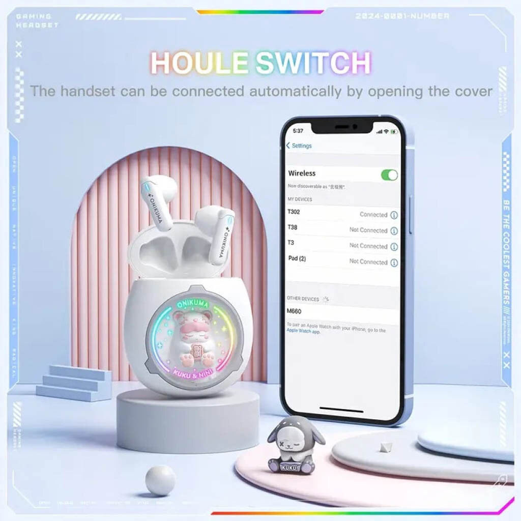 Bluetooth-гарнітура Onikuma T302 KuKu-NiNi, Стерео, Рожевий - № 8 Bluetooth-гарнітура Onikuma T302 KuKu-NiNi, Стерео, Рожевий - № 8