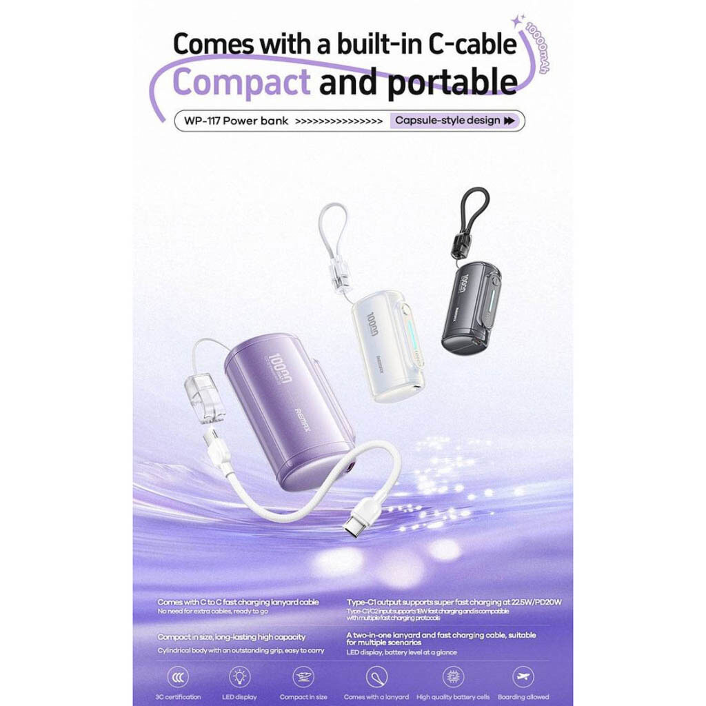 Портативна батарея (Power Bank) Remax WP-117 Lenyard Cabled, 10000 mAh, Білий - № 3 Портативна батарея (Power Bank) Remax WP-117 Lenyard Cabled, 10000 mAh, Білий - № 3