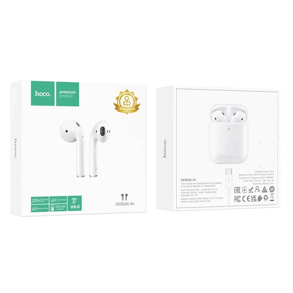 Bluetooth-гарнітура Hoco DES03A Air, Стерео, Білий - № 4 Bluetooth-гарнітура Hoco DES03A Air, Стерео, Білий - № 4