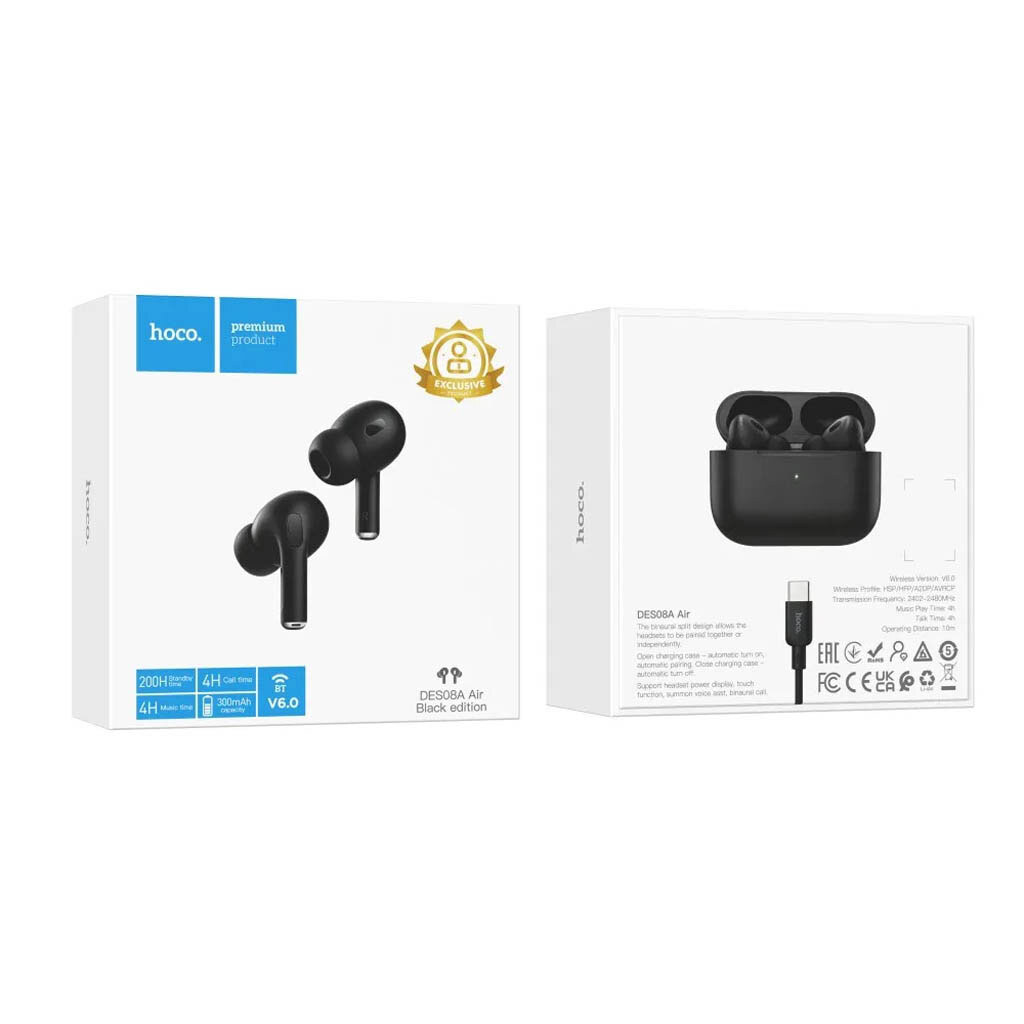 Bluetooth-гарнитура Hoco DES08A Air, Стерео, Черный - № 4 Bluetooth-гарнитура Hoco DES08A Air, Стерео, Черный - № 4