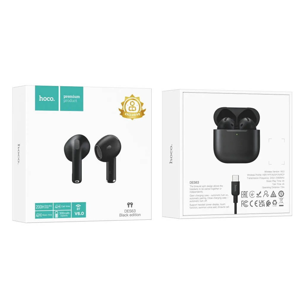 Bluetooth-гарнітура Hoco DES63, Стерео, Чорний - № 5 Bluetooth-гарнітура Hoco DES63, Стерео, Чорний - № 5