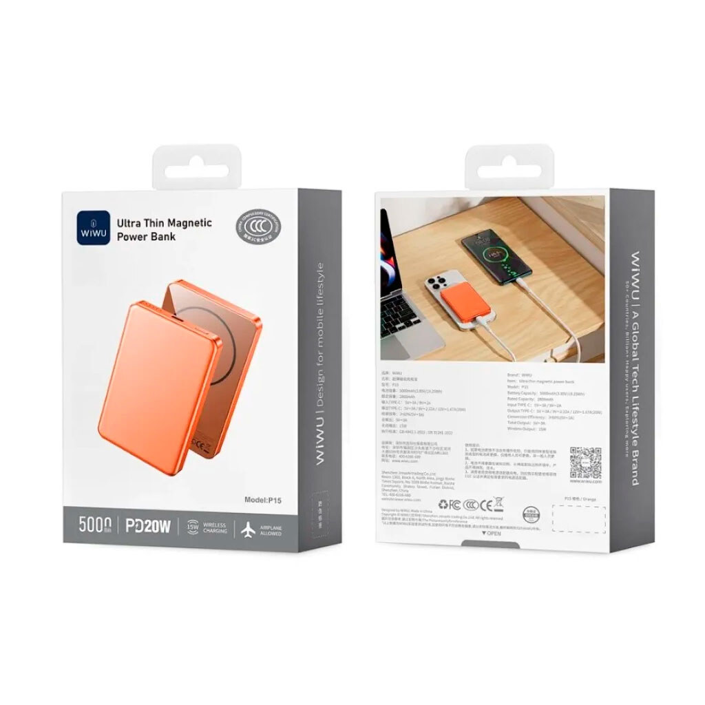 Портативна батарея (Power Bank) WiWU P15 Ultra Thin, 5000 mAh, Помаранчевий - № 2 Портативна батарея (Power Bank) WiWU P15 Ultra Thin, 5000 mAh, Помаранчевий - № 2