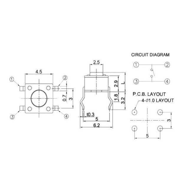 Кнопка тактова TACT 4.5x4.5-8mm - № 2 Кнопка тактова TACT 4.5x4.5-8mm - № 2