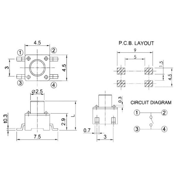 Кнопка тактовая TACT 4.5x4.5-8mm SMD - № 2 Кнопка тактовая TACT 4.5x4.5-8mm SMD - № 2