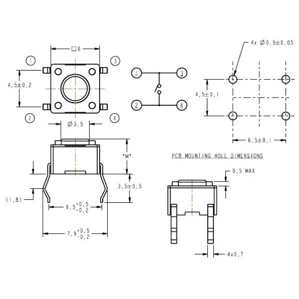 Кнопка тактовая TACT 6x6-13.0 - № 2 Кнопка тактовая TACT 6x6-13.0 - № 2