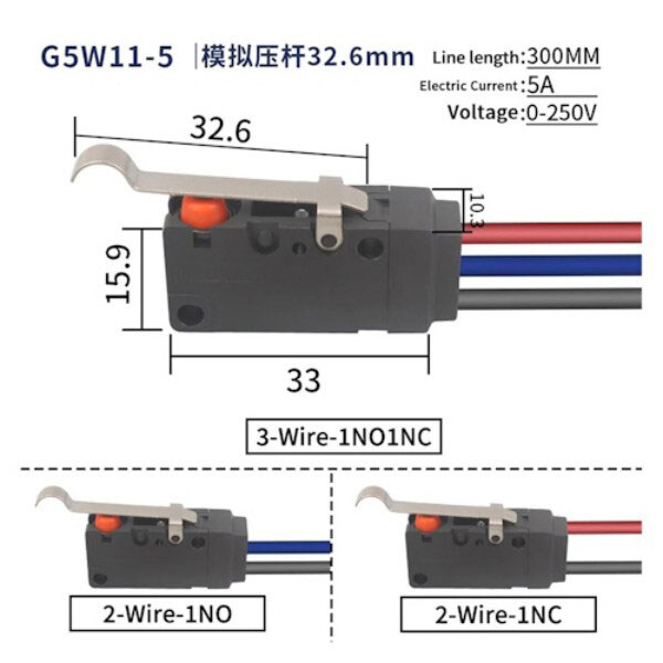 Мікроперемикач G5W11-5, 3-pin, дріт, L=300mm - № 2 Мікроперемикач G5W11-5, 3-pin, дріт, L=300mm - № 2