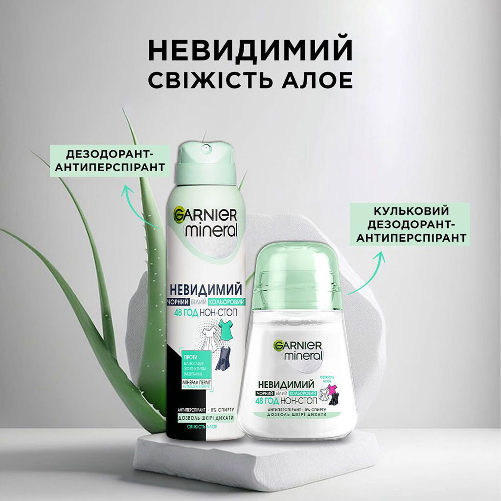Антиперспирант женский GARNIER Mineral Невидимый "Свежесть алоэ", шариковый, 50 мл - № 6 Антиперспирант женский GARNIER Mineral Невидимый "Свежесть алоэ", шариковый, 50 мл - № 6