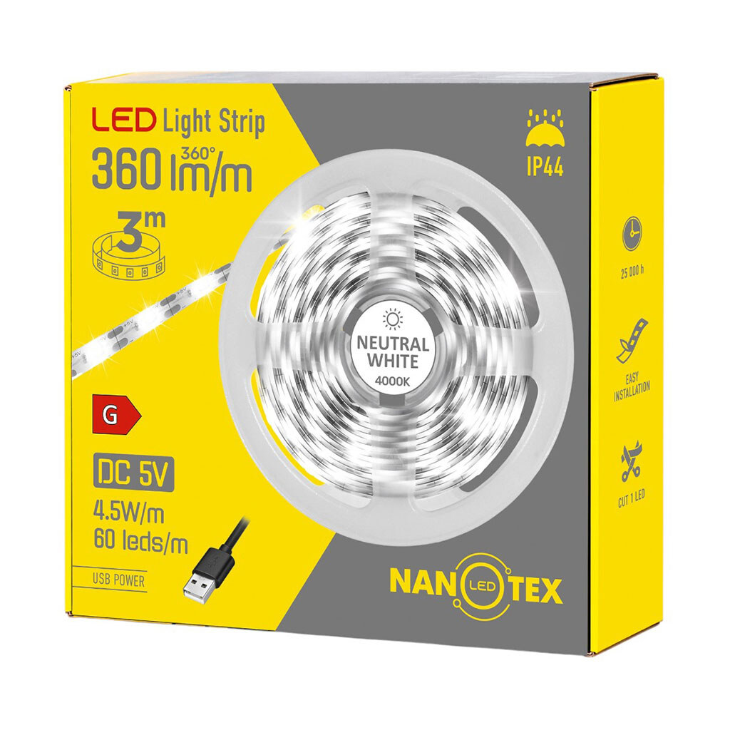 Стрічка LED USB NANOTEX, біле світло, IP44, 4,5 Вт/м, 4000 К, 3 м - № 1 Стрічка LED USB NANOTEX, біле світло, IP44, 4,5 Вт/м, 4000 К, 3 м - № 1