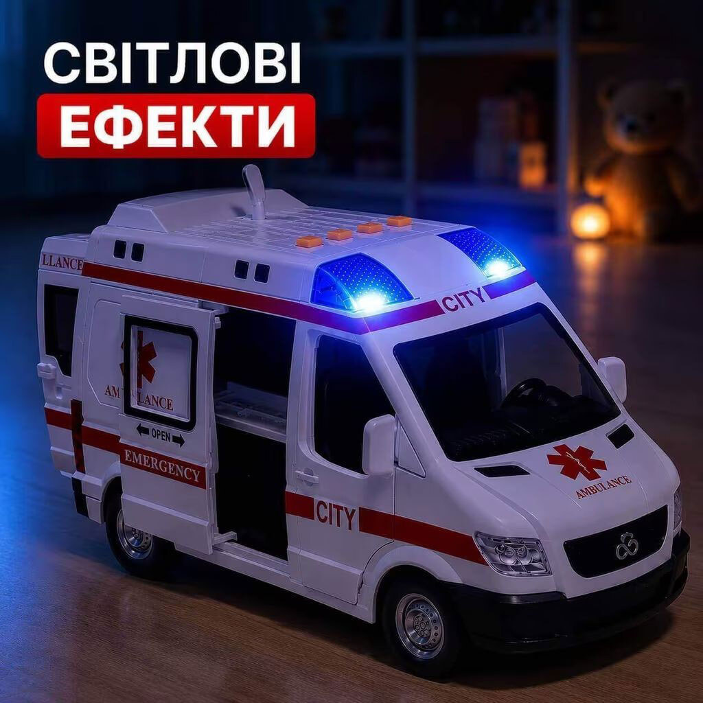 Машинка "Скорая помощь", подсветка, звуки, инерция, дверь открывается, масштаб 1:10, в коробке, Mic - № 3 Машинка "Скорая помощь", подсветка, звуки, инерция, дверь открывается, масштаб 1:10, в коробке, Mic - № 3