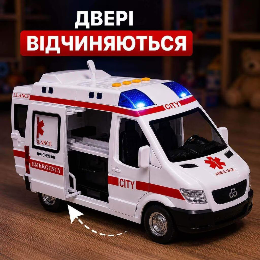 Машинка "Скорая помощь", подсветка, звуки, инерция, дверь открывается, масштаб 1:10, в коробке, Mic - № 5 Машинка "Скорая помощь", подсветка, звуки, инерция, дверь открывается, масштаб 1:10, в коробке, Mic - № 5
