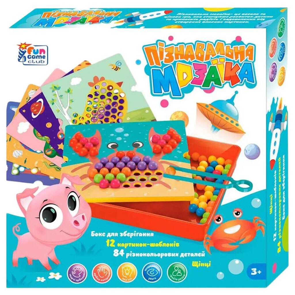 Пізнавальна Мозаїка, 84 елементи, 12 шаблон, щипці, Fun Game Club - № 1 Пізнавальна Мозаїка, 84 елементи, 12 шаблон, щипці, Fun Game Club - № 1