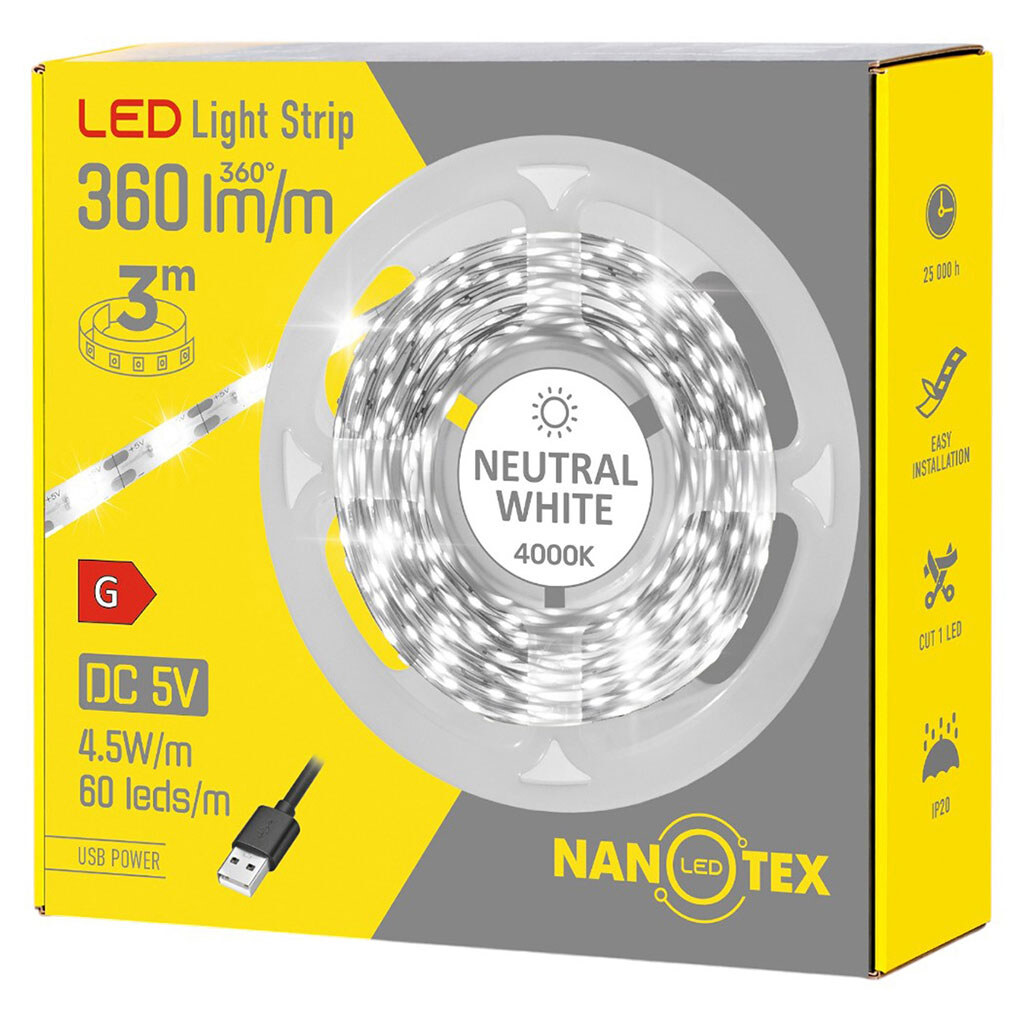 Лента LED USB NANOTEX, белый свет, IP20, 4,5 Вт/м, 4000 К, 3.0 м. - № 1 Лента LED USB NANOTEX, белый свет, IP20, 4,5 Вт/м, 4000 К, 3.0 м. - № 1