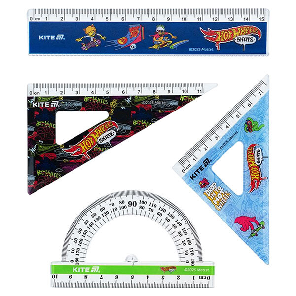 Набір з принтом "HotWheels": лінійка 15 см, 2 косинці, транспортир, Kite - № 2 Набір з принтом "HotWheels": лінійка 15 см, 2 косинці, транспортир, Kite - № 2