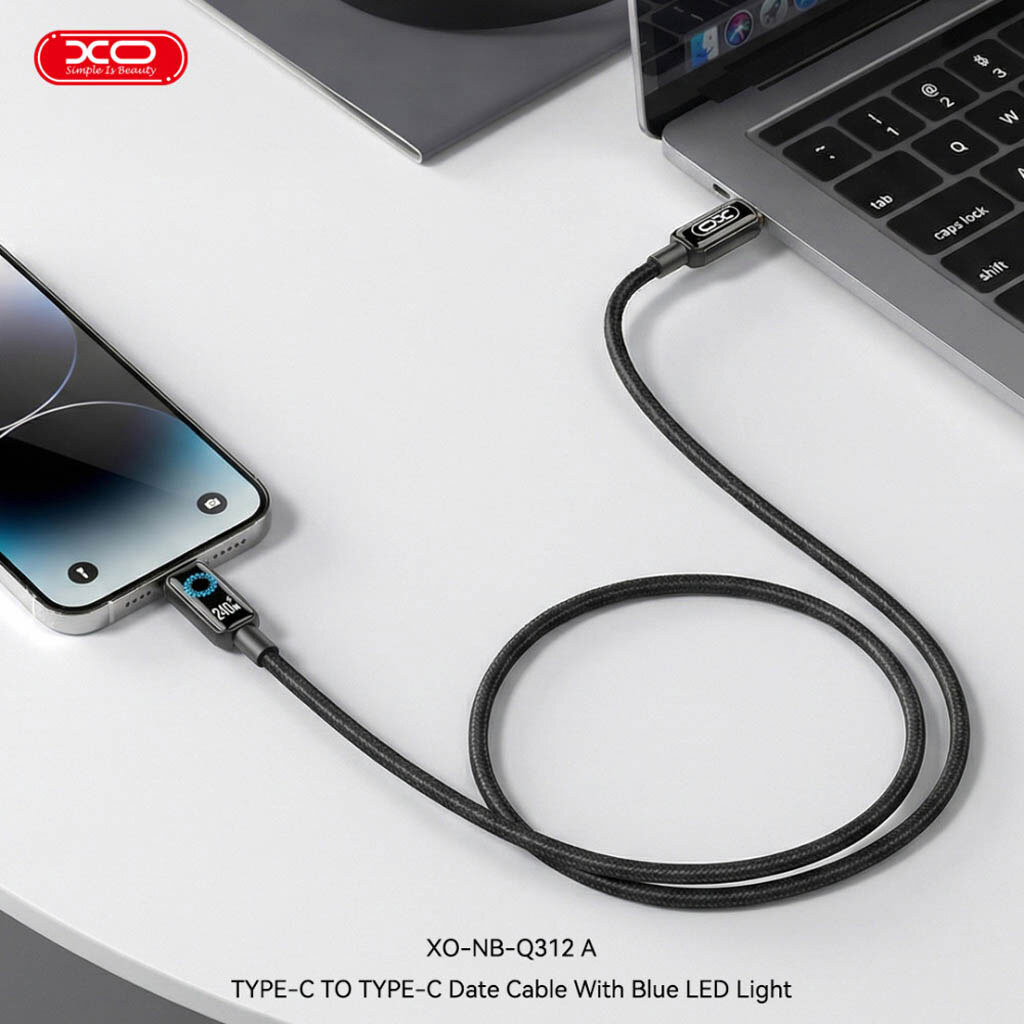 USB кабель XO NB-Q312B Blue Light, Type-C, 2.0 м., Чорний - № 6 USB кабель XO NB-Q312B Blue Light, Type-C, 2.0 м., Чорний - № 6