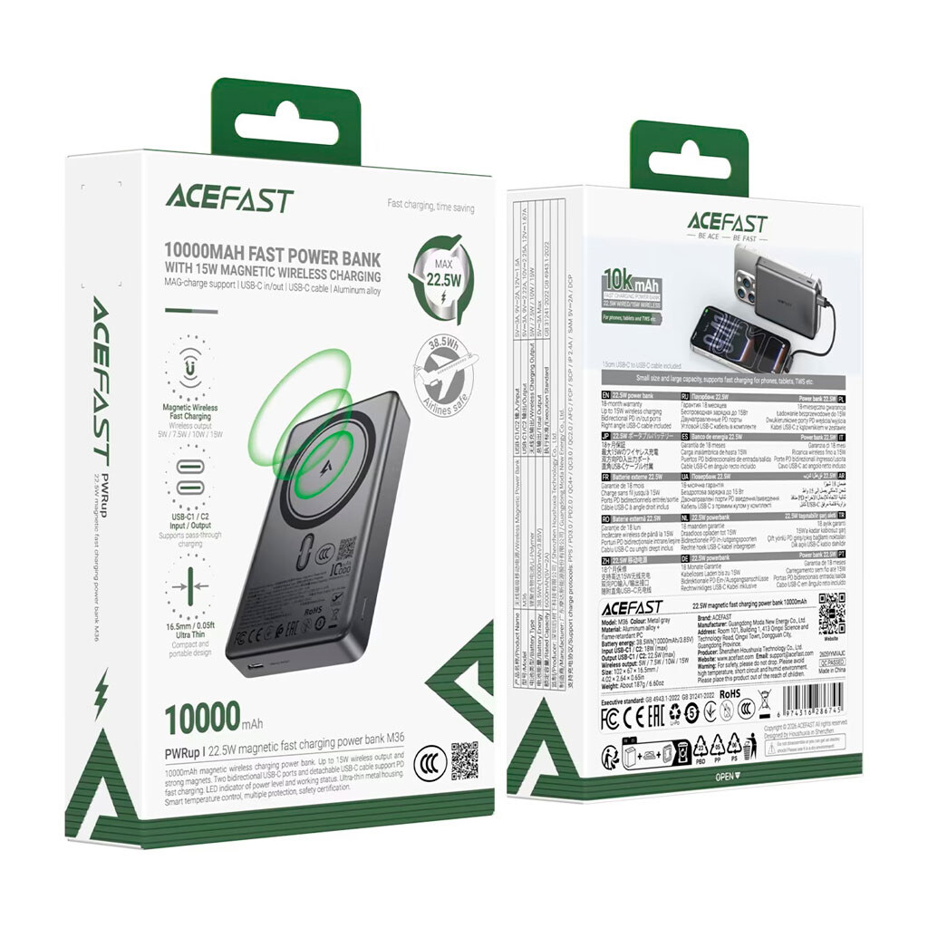 Портативна батарея (Power Bank) AceFast M36, 10000 mAh, Сірий - № 3 Портативна батарея (Power Bank) AceFast M36, 10000 mAh, Сірий - № 3