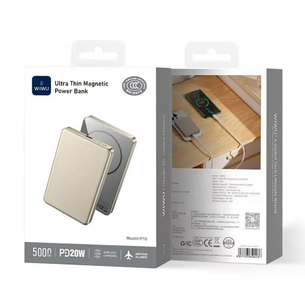 Портативна батарея (Power Bank) WiWU P15 Ultra Thin, 5000 mAh, Золотий - № 2 Портативна батарея (Power Bank) WiWU P15 Ultra Thin, 5000 mAh, Золотий - № 2