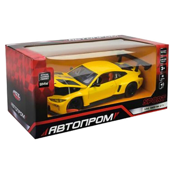Машина металлическая на батарейках "BMW M4 GT3", 1:24, свет, звук, Автопром, Желтый - № 2 Машина металлическая на батарейках "BMW M4 GT3", 1:24, свет, звук, Автопром, Желтый - № 2