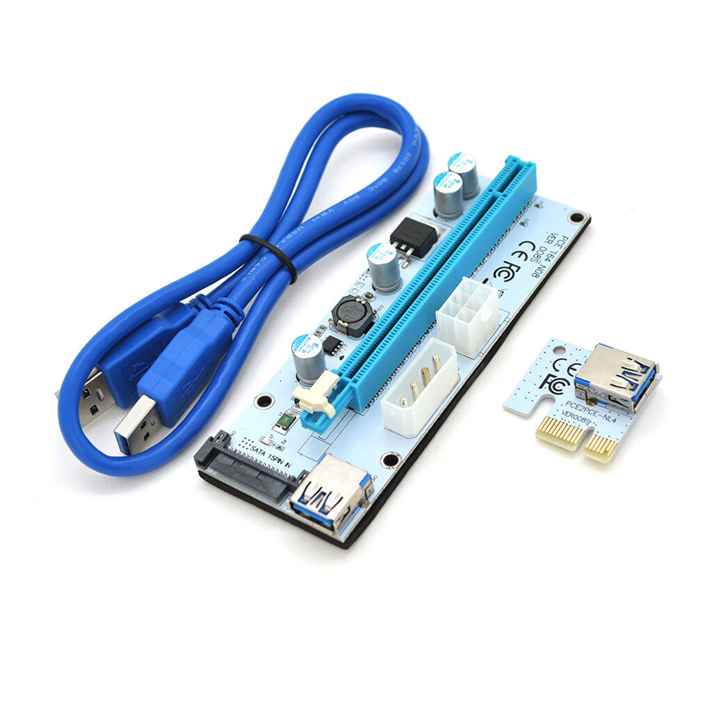 Riser PCI-EX, x1 => x16, 4-pin / 6-pin / Sata, USB 3.0 AM-AM 0,6 м (синій), конденсатори 270, White - № 1 Riser PCI-EX, x1 => x16, 4-pin / 6-pin / Sata, USB 3.0 AM-AM 0,6 м (синій), конденсатори 270, White - № 1