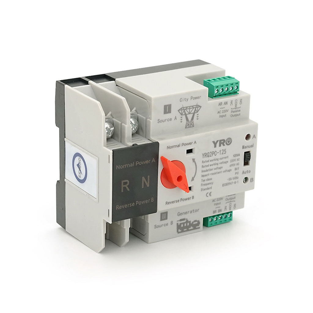 Автомат ввода резерва (АВР) двухполюсный YRQ2PC-125, 220V/125A на DIN-рейку для генераторов - № 1 Автомат ввода резерва (АВР) двухполюсный YRQ2PC-125, 220V/125A на DIN-рейку для генераторов - № 1