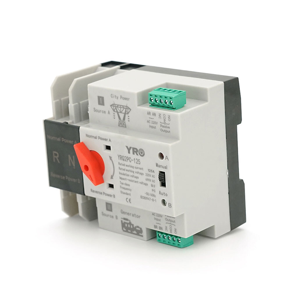 Автомат ввода резерва (АВР) двухполюсный YRQ2PC-125, 220V/125A на DIN-рейку для генераторов - № 2 Автомат ввода резерва (АВР) двухполюсный YRQ2PC-125, 220V/125A на DIN-рейку для генераторов - № 2