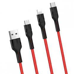 USB кабель Hoco U31 Benay Apple iPhone SE 2022 / iPhone 14 Pro Max / iPhone 14 Plus / iPhone 14 Pro / iPhone 14 / iPhone 12 Mini / iPhone 12 Pro Max / iPhone 12 Pro / iPhone 12 / iPhone SE 2020, Lightning, Type-C, MicroUSB, 1.2 м., Красный