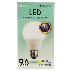 Лампа LED LUNO А60 9Вт E27 белый свет 4000K
