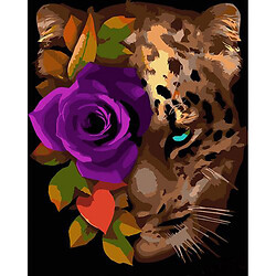 Картина за номерами на чорному фоні "Леопард з трояндою" 40х50