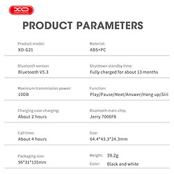 Bluetooth-гарнітура XO G21 Crystal, Стерео, Білий - № 6