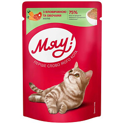 Корм для кошек "Мяу: Желе с говядиной, овощами", пауч, 85 г