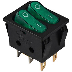 Переключатель 2-х клав. зеленый с подсветкой KCD2-5-2101N GR/B 220V