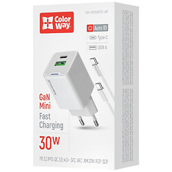 СЗУ ColorWay CW-CHS053PDC-WT, С кабелем, Type-C, Белый