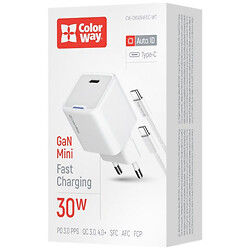 СЗУ ColorWay CW-CHS054PDC-WT, С кабелем, Type-C, Белый