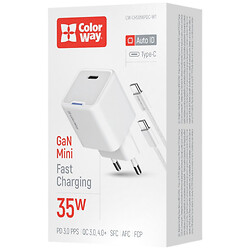 СЗУ ColorWay CW-CHS056PDC-WT, С кабелем, Type-C, Белый